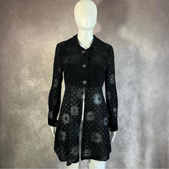 Long Coat Women Small Black Goth Hippie Dark Cottage Victorian Button Up Flowers - Picture 1 of 10